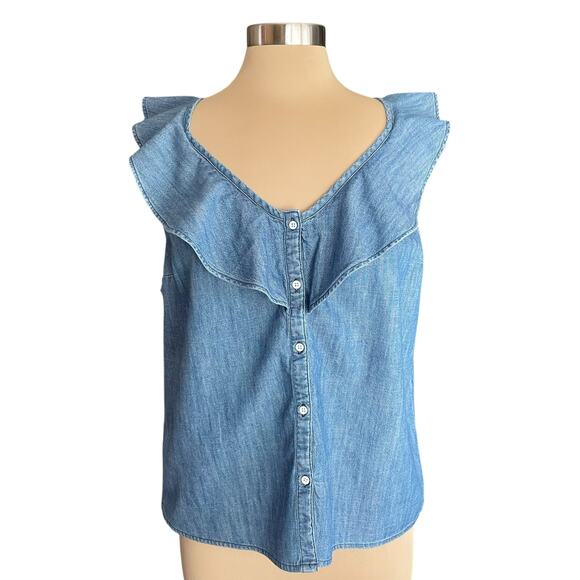Old Navy Chambray Ruffle Neck Sleeveless Button Down Top Sz M Cottage Summer - Picture 2 of 7